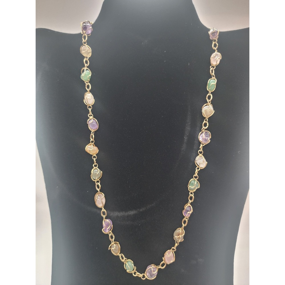 Vintage Wire Wrapped Tumbled Stone Necklace Multi Color Gemstone Gold Tone 24 In